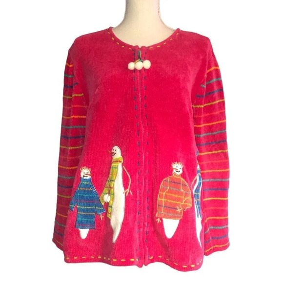 Vintage TIMBERLEA Sz XL Women's Fuchsia Snowman Zip Up Long Sleeve Cardigan Swtr - Picture 1 of 7